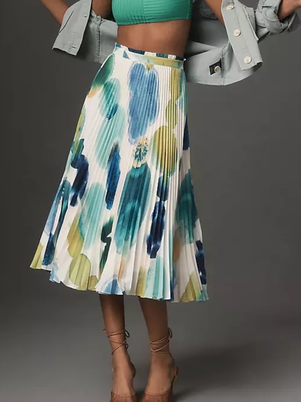 Maeve Pleated Midi Skirt in Blue, Green & Yellow Watercolor Anthropologie